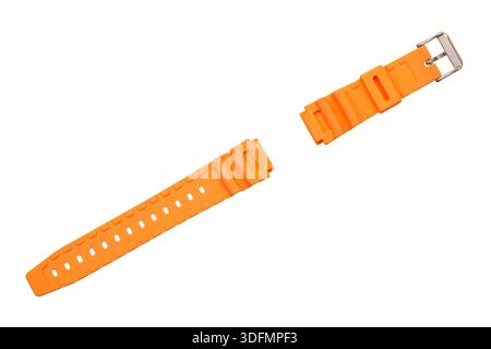 Bright orange silicone watch strap with a silver metal buckle, isolated on a white background. Stock Photo