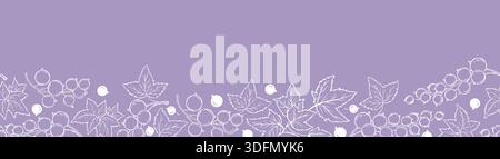 Currant Berry. Botanical Seamless Border. White Line Art Berry Trim on Purple Background. Vector outline Horizontal illustration. Not AI Stock Vector