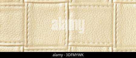 Texture light beige leather background with quilted stitched pattern, macro. Abstract cream upholstery surface. Stock Photo