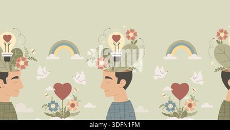 Man Mental Health Seamless Border. Male Head with Flowers, Lightbulb, Rainbow and Dove Birds on green Background. Horizontal Vector Illustration. Posi Stock Vector
