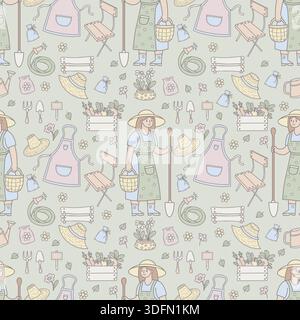 Seamless Pattern with Women Farmer and Harvest on Green Background. Repeating Template Pastel Hand Drawn Female Character with Gardening Tools, Vegeta Stock Vector