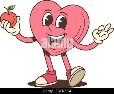 Groovy cartoon character in trendy retro style. Pink heart mascot holding apple and showing ok sign. Perfect vector illustration for healthy food conc Stock Vector