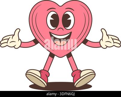 Retro cartoon heart character mascot with open arms for a hug. A groovy vector illustration for a friendly welcome. Funny vintage comic style art for Stock Vector