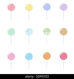 A collection of 12 cute swirl lollipops in soft pastel colors. Features pink, blue, yellow, and mint sweets in a flat vector style. Ideal for birthday Stock Vector
