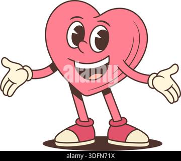 Welcoming heart character in a retro cartoon style. Vector illustration of a friendly mascot with open arms for a hug. Groovy and playful comic art fo Stock Vector