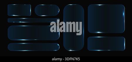 Neon glass frame collection with luminescent geometric elements, Set of frames and design UI UX elements in the style of liquid glass. Rectangular Stock Vector