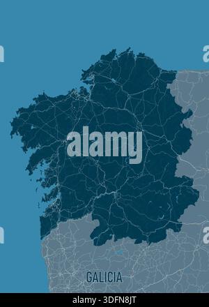 Geographic Map of Galicia, Spain Highlighting Transportation Routes Stock Vector