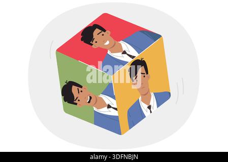 Emotional man on different dice dice, for concept chaotic emotions and bipolar disorder in behavior Stock Vector