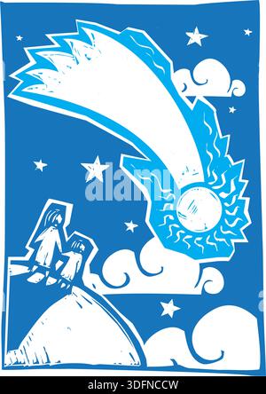 Blue comet in night sky watched by two people. Stock Vector