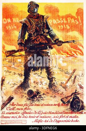 This powerful 1918 French World War I propaganda poster by Georges Scott depicts a resolute soldier in the trenches against a fiery, smoke-filled battlefield. The text "ON NE PASSE PAS! 1914-1918" (They Shall Not Pass!) emphasizes the unwavering determination of the French to hold the line, accompanied by a call to civilians to resist false peace offerings. Stock Photo