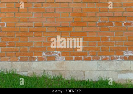 Bright green grass under a red brick wall. The lower part of the wall is white brick. Stock Photo
