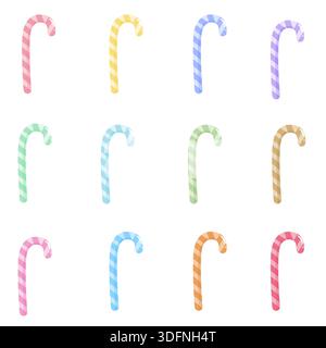 12 colorful pastel candy canes with stripes. Ideal for Christmas cards, holiday patterns, winter stickers, and sweet shop marketing. Clean flat vector Stock Vector