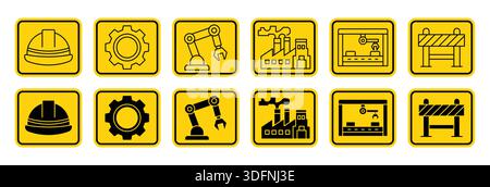 A collection of yellow safety icons representing construction and industrial themes, including helmets, gears, robotic arms, and factory imagery. Perf Stock Vector