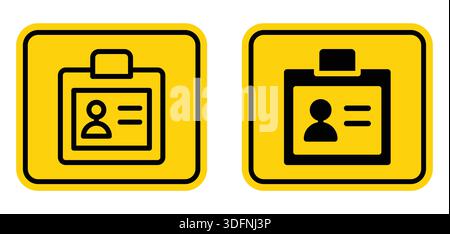Set of two ID badge icons in yellow square shapes. These symbols represent identification and security for various professional settings and events. Stock Vector