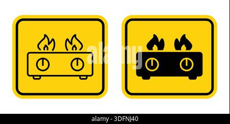 This image features two variations of a gas stove icon, depicting flames and control knobs. The design uses bright yellow and black for clear communic Stock Vector