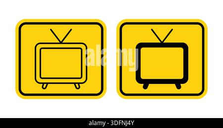 This image features vintage television icons in line art and solid styles against a vibrant yellow background, ideal for media and entertainment desig Stock Vector
