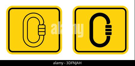 Two carabiner icons on a yellow background with contrasting black graphics. Ideal for safety guides, outdoor activity promotions, and design projects. Stock Vector