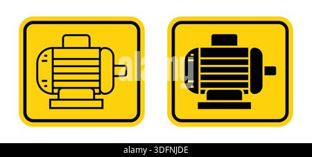 Two electrical motor icons depicted in outline and solid styles, set against a yellow background. Ideal for use in engineering or industrial contexts. Stock Vector