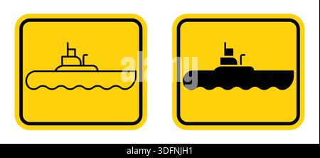 This image features an icon set of a submarine displayed in outline and filled styles on a vibrant yellow background, ideal for maritime themes. Stock Vector
