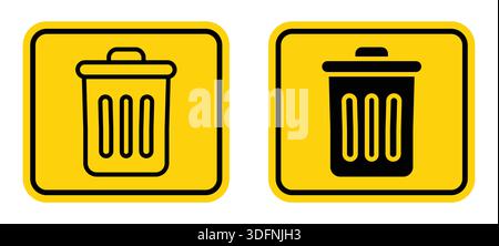 This image features two distinct trash bin icons on a bright yellow background. The designs showcase both outline and filled styles, perfect for envir Stock Vector