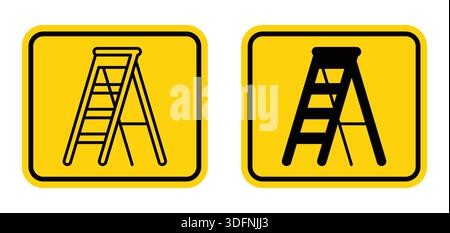 This image features two distinct icons of a step ladder on a yellow background. Ideal for construction, safety, and DIY projects, the design emphasize Stock Vector