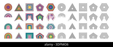 A set of geometric shapes in a linear and colorful style. Collection of figures for creative design, websites, applications, educational process Stock Vector