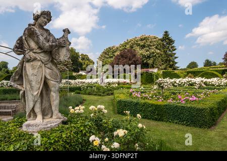 A statue and white Iceberg roses in the walled garden at Houghton Hall, Norfolk. Stock Photo