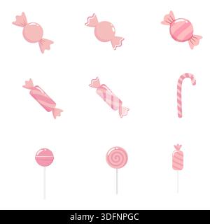 Collection of cute pink candies, lollipops, and candy canes in a flat vector style. Perfect for candy shop branding, birthday party invitations, Valen Stock Vector