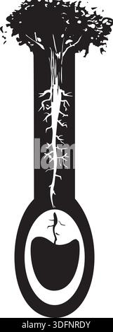 Woodcut style image of a tree with roots like nerve endings taking water from an aquifer. Stock Vector