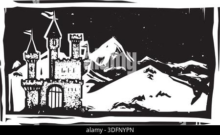 Woodcut style image of a fairy tale castle in snowy mountains. Stock Vector