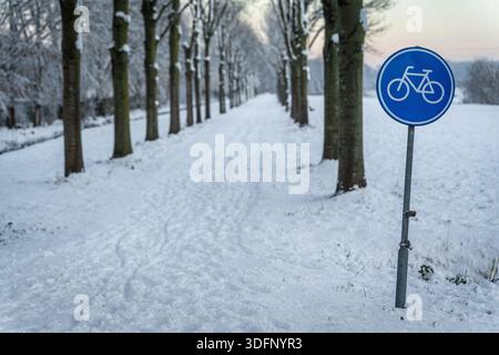 Dutch cycling path road sign in front of snow-covered bicycle lane surrounded by row of trees Stock Photo