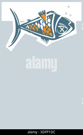 Woodcut style dead fish floating belly up in a fish tank with bubbles. Stock Vector