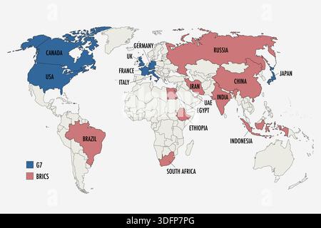 G7 and BRICS Countries World Map Comparison Infographic Stock Vector