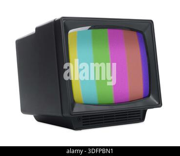 Old TV with color bars test card on screen. White background Stock Photo