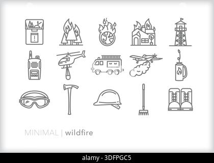 Set of 15 wildfire outline icons of safety tools for protection, firefighter gear, emergency shelter, and aerial water and retardant efforts. Stock Vector