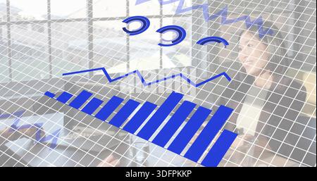 Projecting translucent 3D data overlay across office table, showing laptop, papers, team in blazers Stock Photo