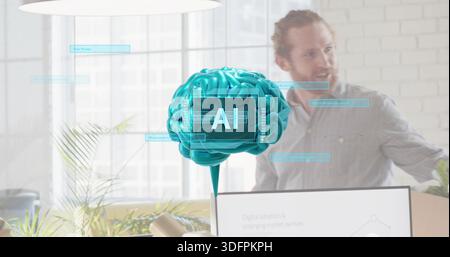 Floating teal brain labeled AI projecting UI overlays in office, presenter gesturing in light shirt Stock Photo