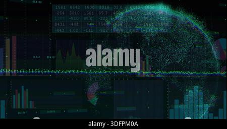 Showing neon dot globe hovering right of dashboard displaying charts and data table, copy space Stock Photo