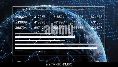 Displaying centered white HUD showing six-digit grid and bars over Earth, nodes connecting Stock Photo