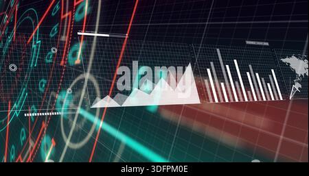Displaying white mountain and vertical bar charts over 3D grid, with neon streaks and HUD rings Stock Photo