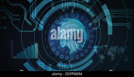 Displaying central HUD with globe, rings, binary, nodes and circuits on virtual dashboard Stock Photo