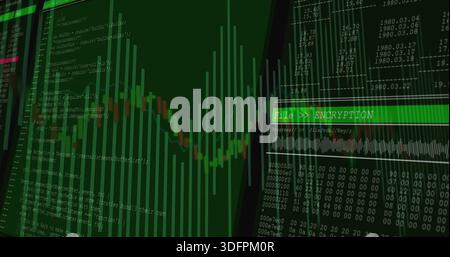 Showing system UI displaying green bar chart with candlestick line hex code table ENCRYPTION banner Stock Photo