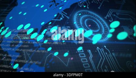 Displaying digital dashboard, showing teal dots, map, HUD, grid, circuit traces, waveform code Stock Photo