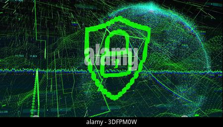 Displaying central neon shield with padlock in virtual network, showing globe halo, waveform Stock Photo
