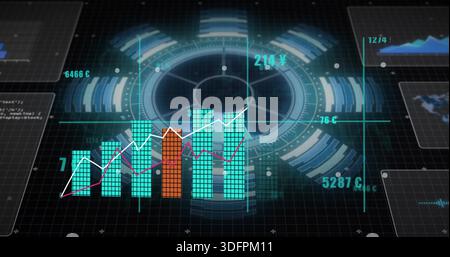 Projecting radial interface at virtual dashboard, displaying tiled bar chart and two line graphs Stock Photo