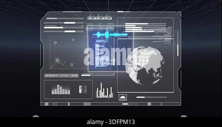 Showing holographic dashboard floating in dark digital void, displaying globe waveform timestamps Stock Photo