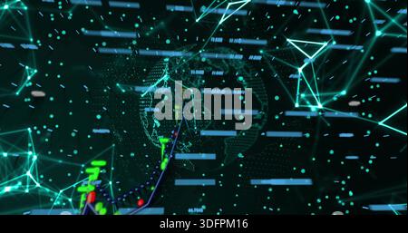 Displaying wireframe globe rotating in virtual dashboard with ascending line graph and data bars Stock Photo