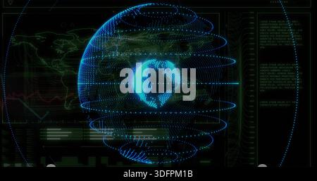 Displaying holographic globe rotating in digital dashboard, showing spiral rings, charts, readouts Stock Photo