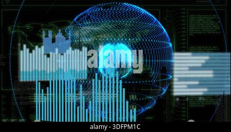 Displaying dotted 3D globe with bright cyan core pulsing in control dashboard, with vertical charts Stock Photo