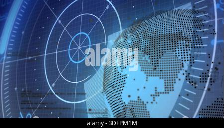 Displaying dotted globe on right, overlaying concentric radar rings and grid mesh on HUD Stock Photo